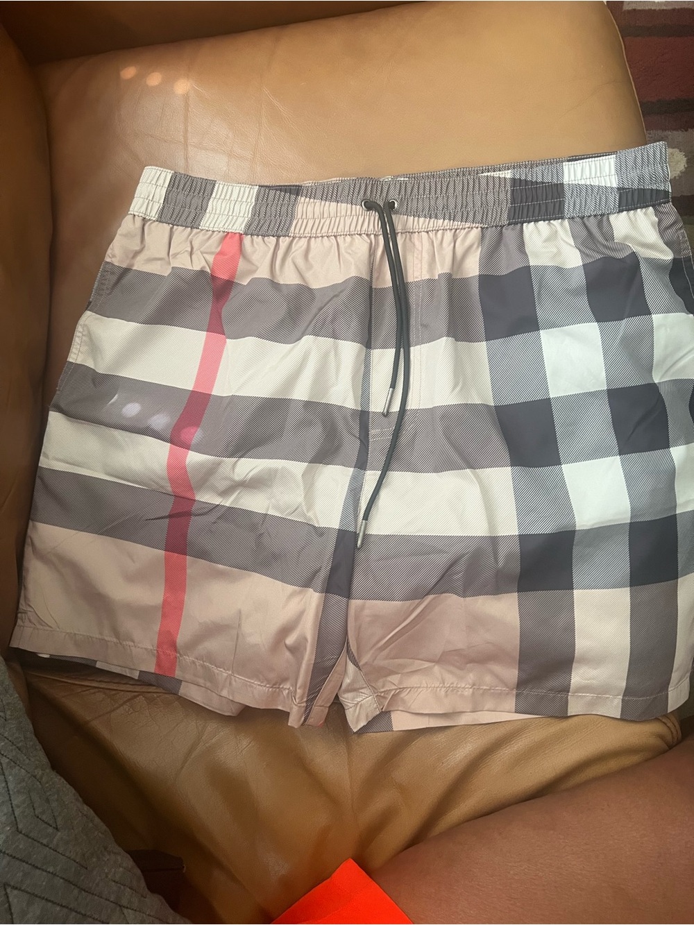 Burberry Beige Plaid Swim Trunks with Red Accent